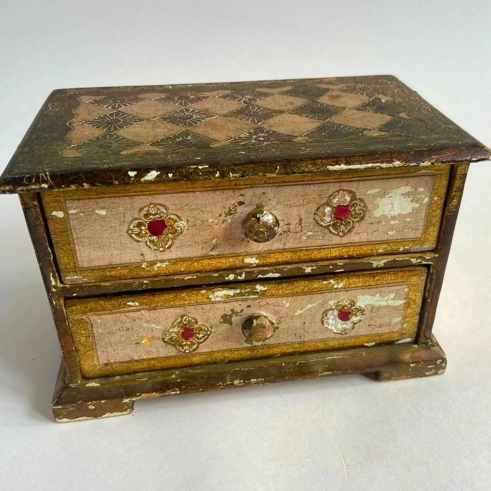Vintage Florentine Italy 2 Drawer Cabinet Trinket Jewelry Box Handpainted Wooden - Picture 3 of 9